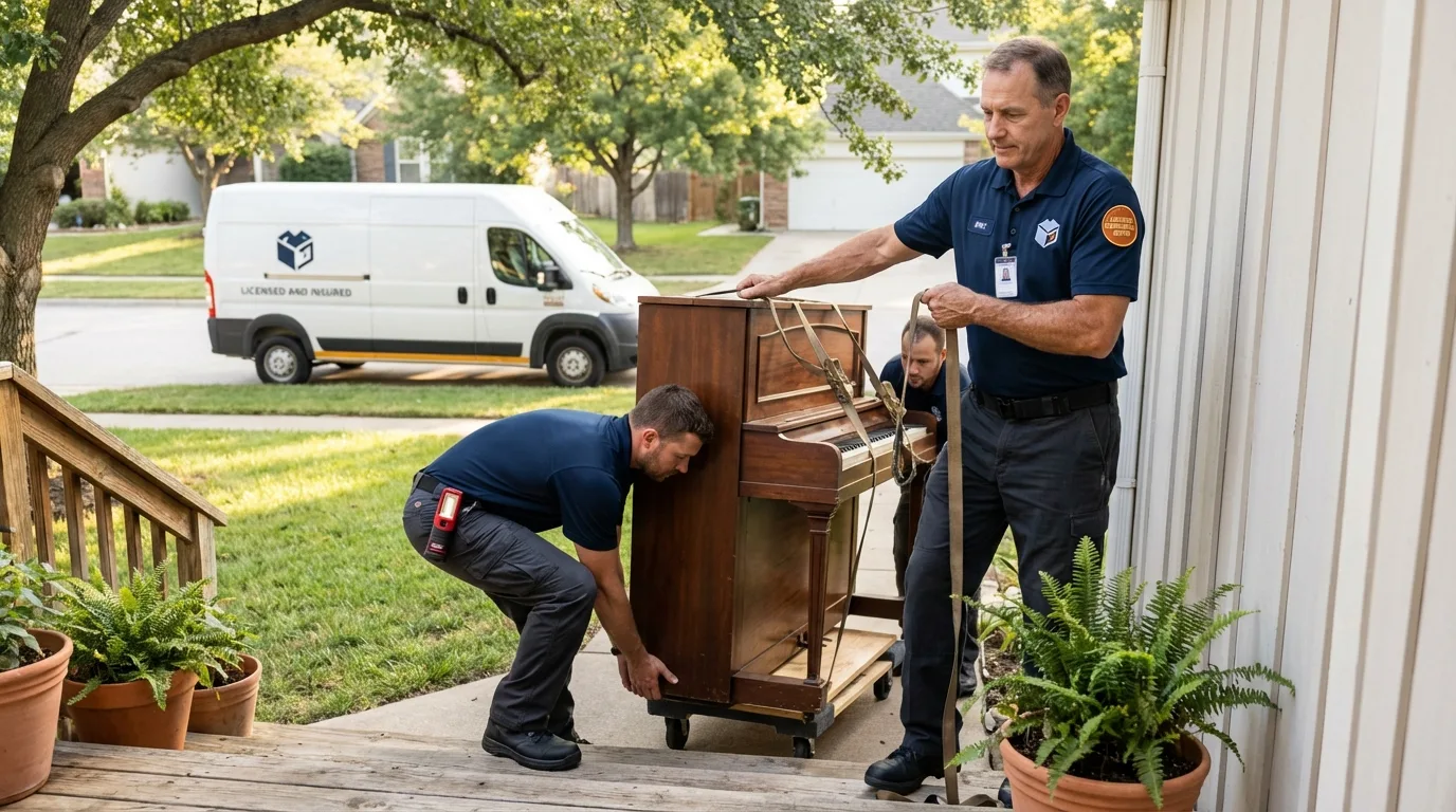 Licensed piano movers securing grand piano in Deadwood, SD
