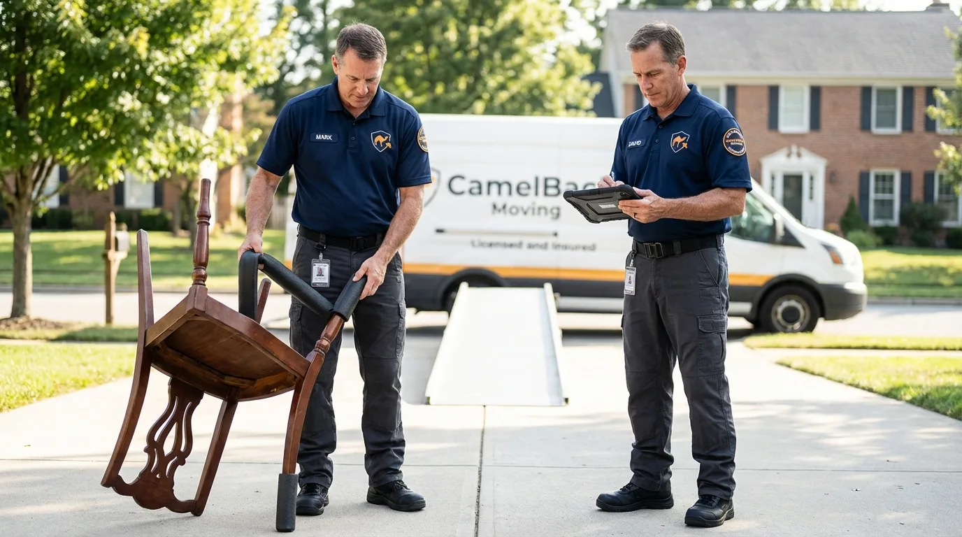Movers inspecting furniture for damage prevention before loading in Deadwood, SD